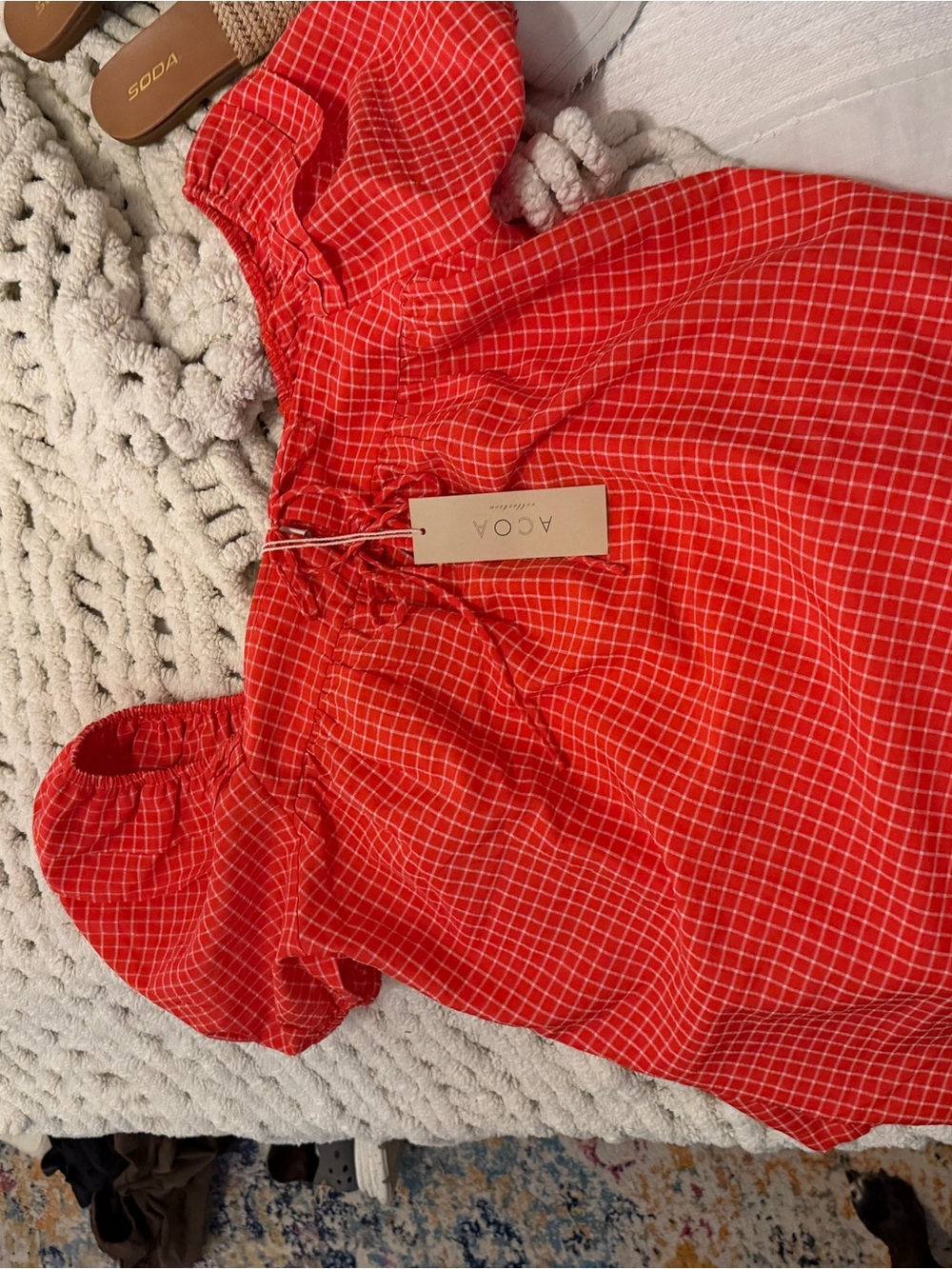 A.C.O.A Red Grid Off-Shoulder Top